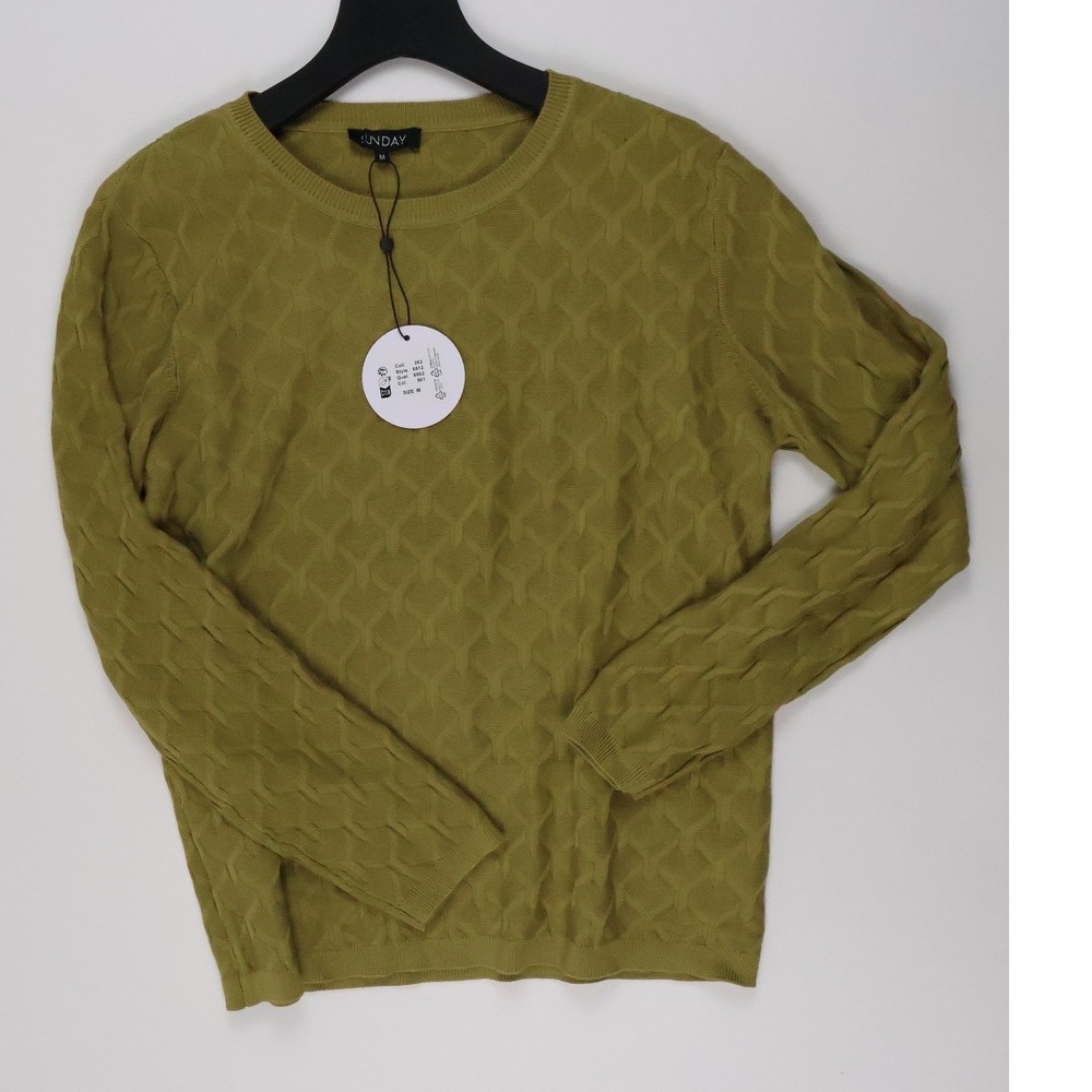 Sunday Crewneck Sweater Geometric Diamond Knit Olive Green Medium NWT